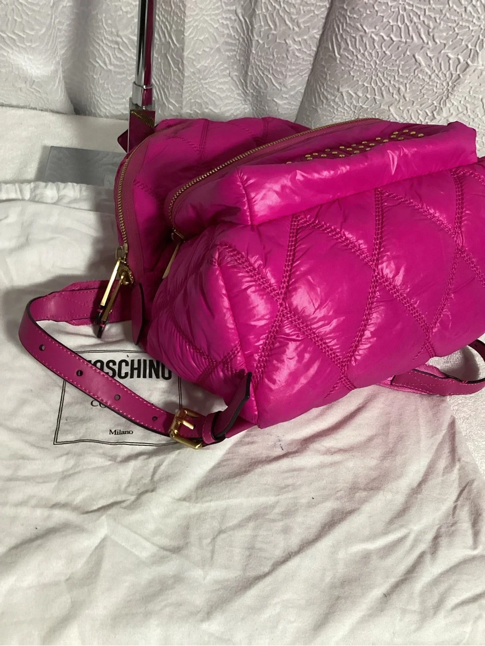 Moschino Quilted Hot Pink Large Nylon Backpack w/ Gold Studded Logo